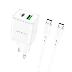 Borofone Wall charger BN7 – USB + Type C – QC 3.0 PD 20W with Type C to Type C cable white