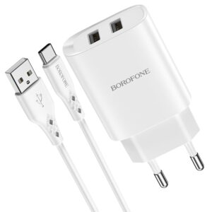 Borofone Wall charger BN2 Super – 2xUSB – 2,1A with USB to Type C white