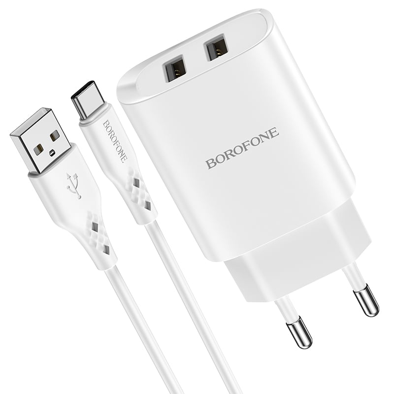 Borofone Wall charger BN2 Super – 2xUSB – 2,1A with USB to Type C white