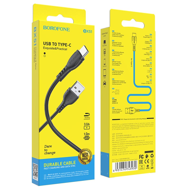 Borofone Cable BX51 Triumph – USB to Type C – 3A 1 μέτρο μαύρο - Image 2