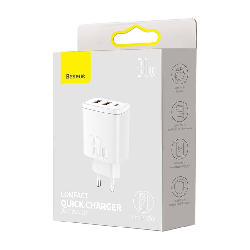 BASEUS 220V 30W, 2*USB-A + 1*USB-C, Compact Series (white) – CCXJ-E02 - Image 2