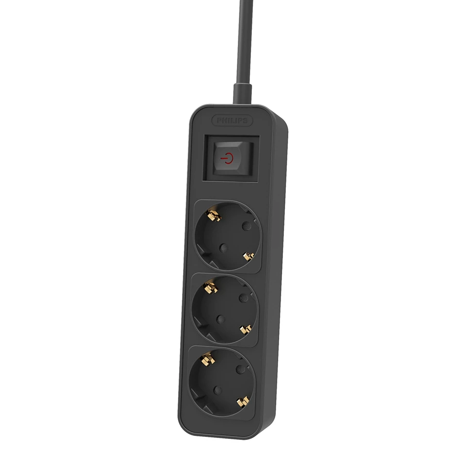 Philips CHP2134B/GRS Πολύπριζο 3 Θέσεων με Διακόπτη & Παιδική Προστασία, Καλώδιο 1,5 m (Μαύρο)