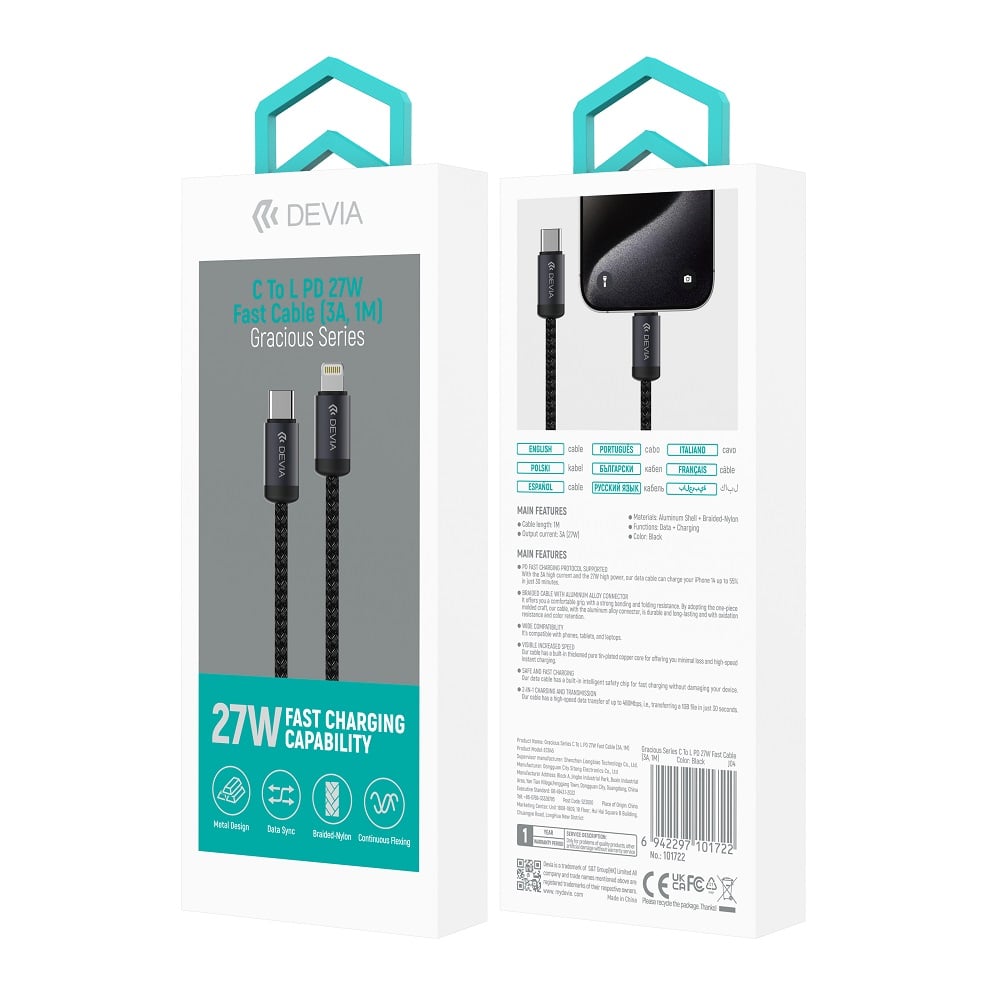 Devia cable Gracious EC645 PD USB-C – Lightning 1,0m 27W 3A black - Image 2