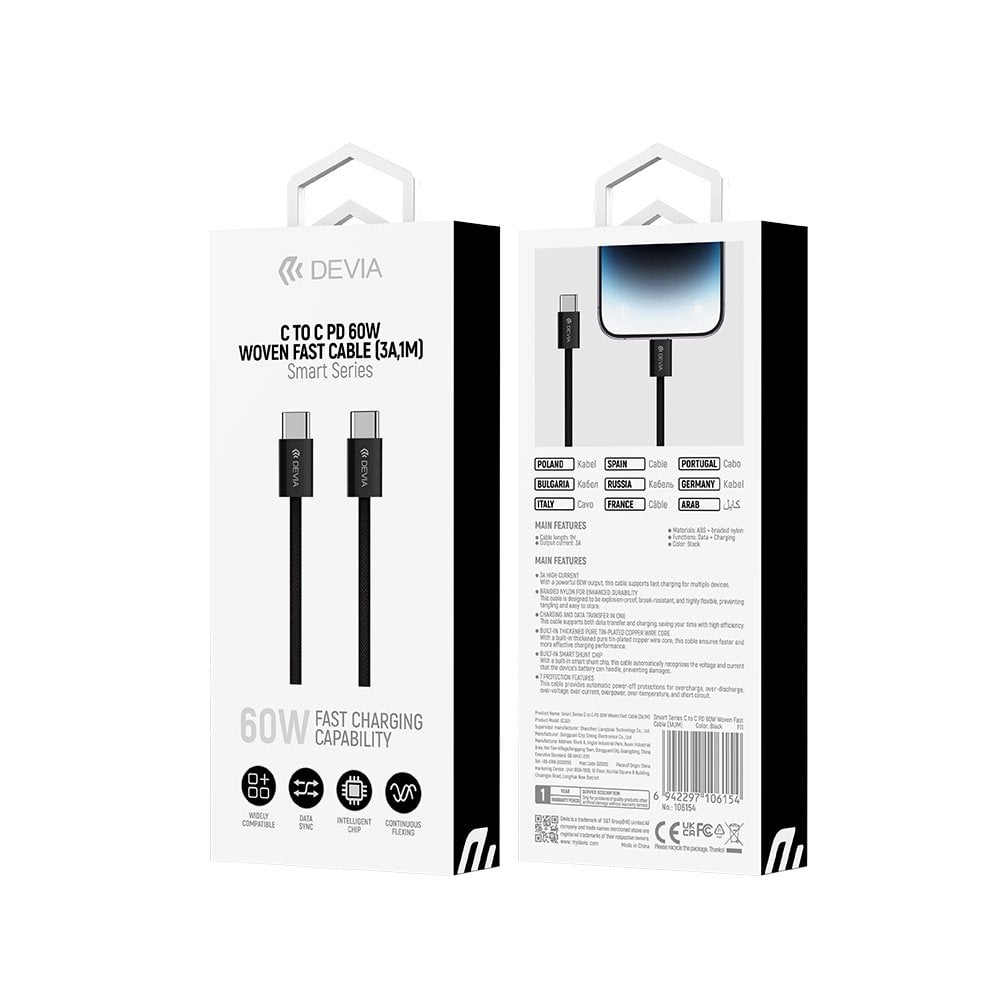 Devia καλώδιο Smart EC325 PD USB-C – USB-C 1,0m 60W 3A μαύρο - Image 2