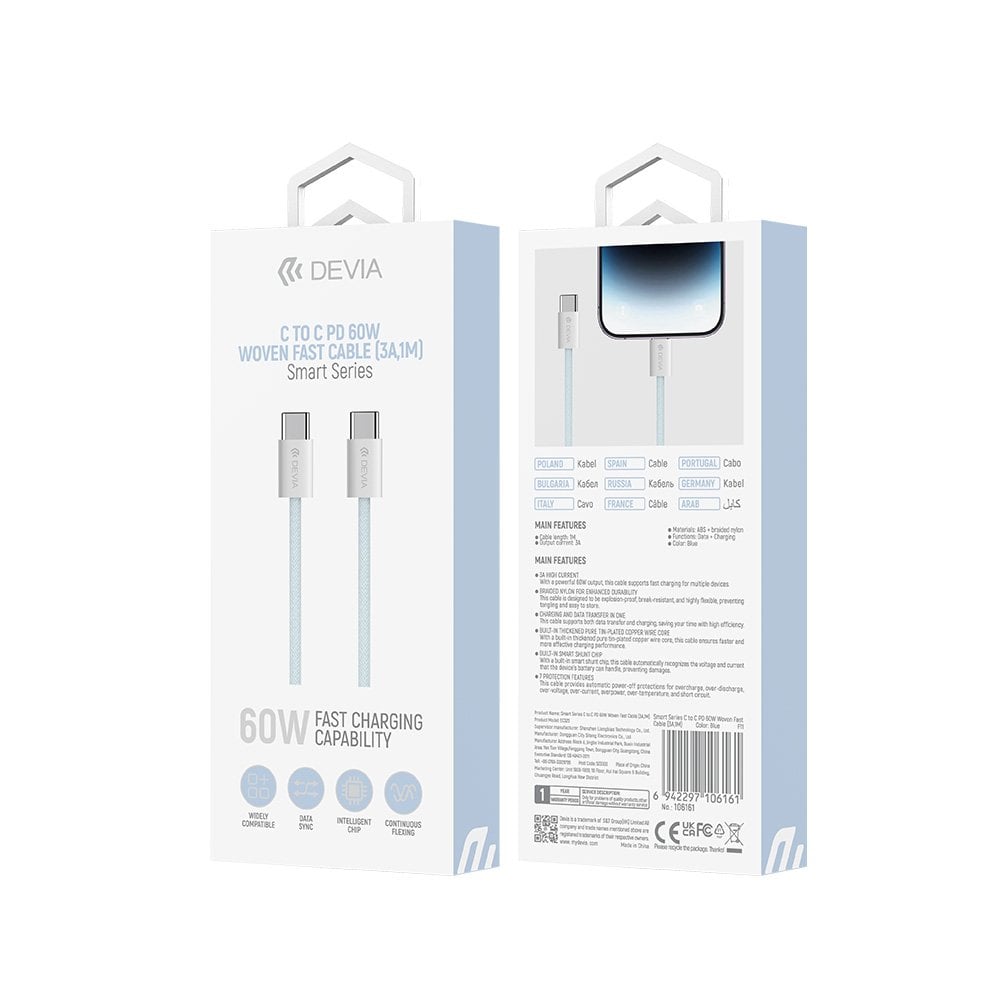 Devia καλώδιο Smart EC325 PD USB-C – USB-C 1,0 m 60W 3A μπλε - Image 2