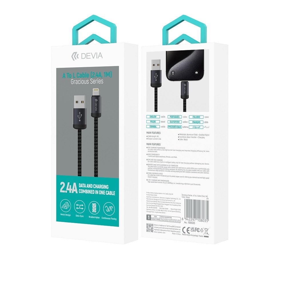 Devia καλώδιο Gracious EC650 USB – USB-C 1m 2,4A μαύρο - Image 2