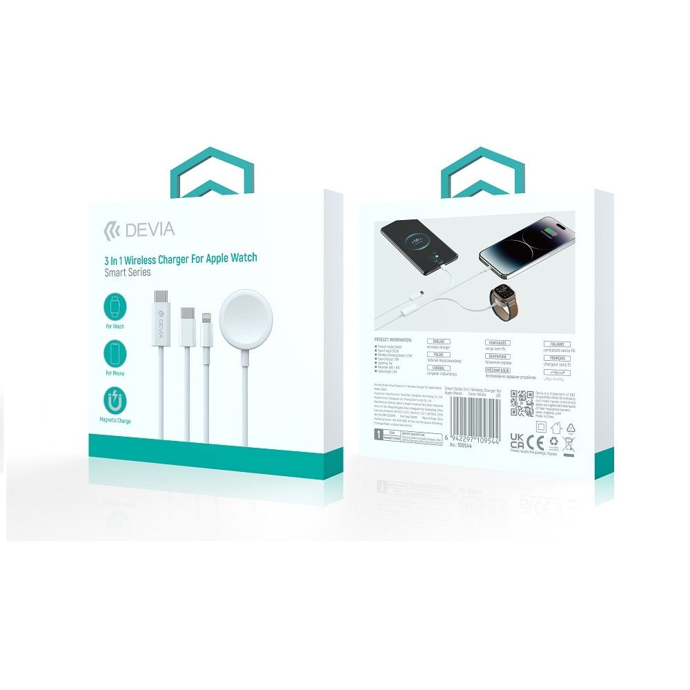 Devia καλώδιο 3in1 Smart EA520 USB-C – USB-C + Lightning με μαγνητικό φορτιστή Apple Watch λευκό - Image 2