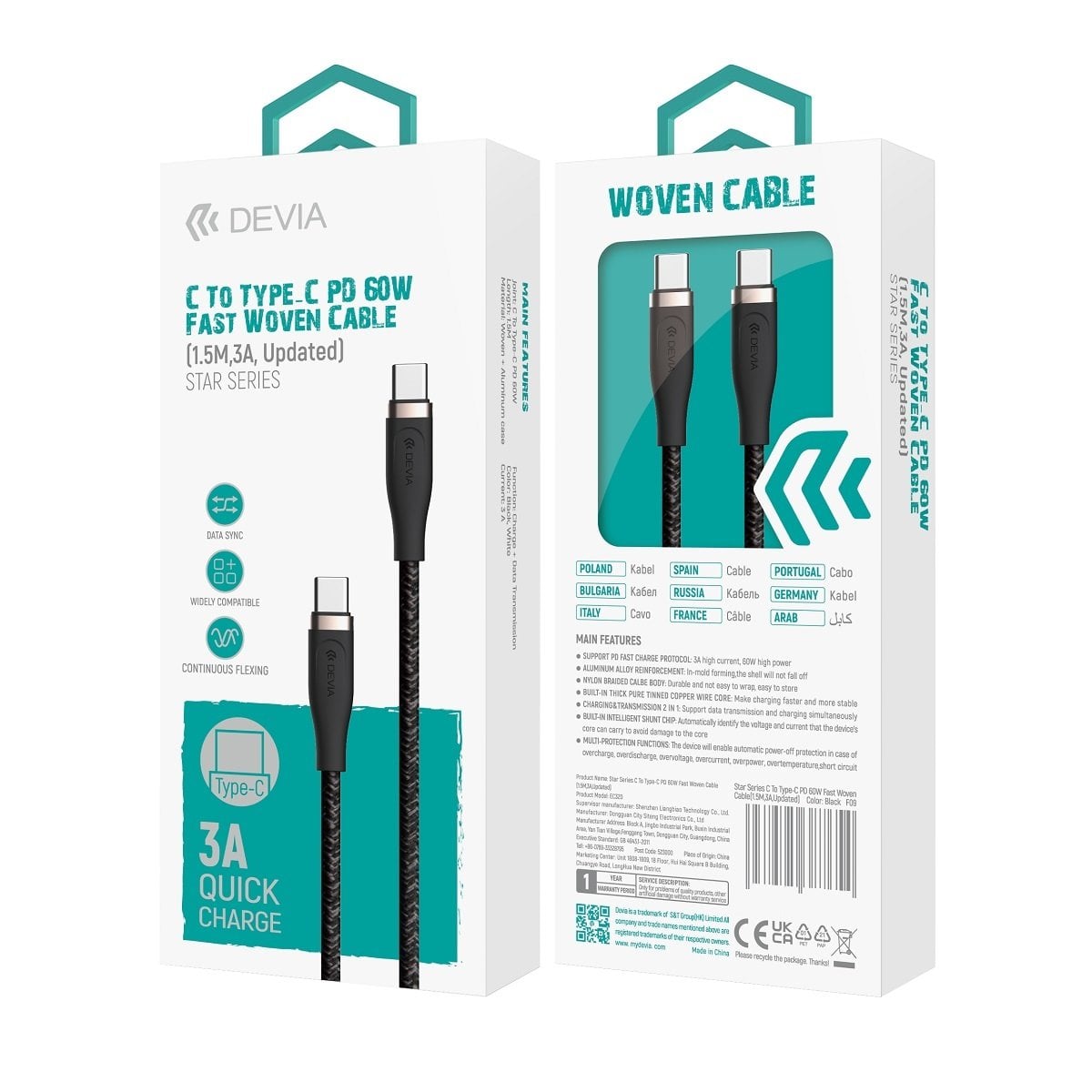 Devia καλώδιο Star EC320 PD USB-C – USB-C 1,5m 60W 3A λευκό - Image 2