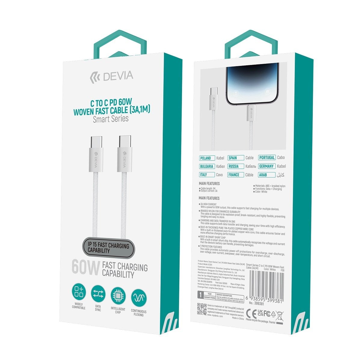 Devia καλώδιο Smart EC325 PD USB-C – USB-C 1m 60W 3A λευκό - Image 2
