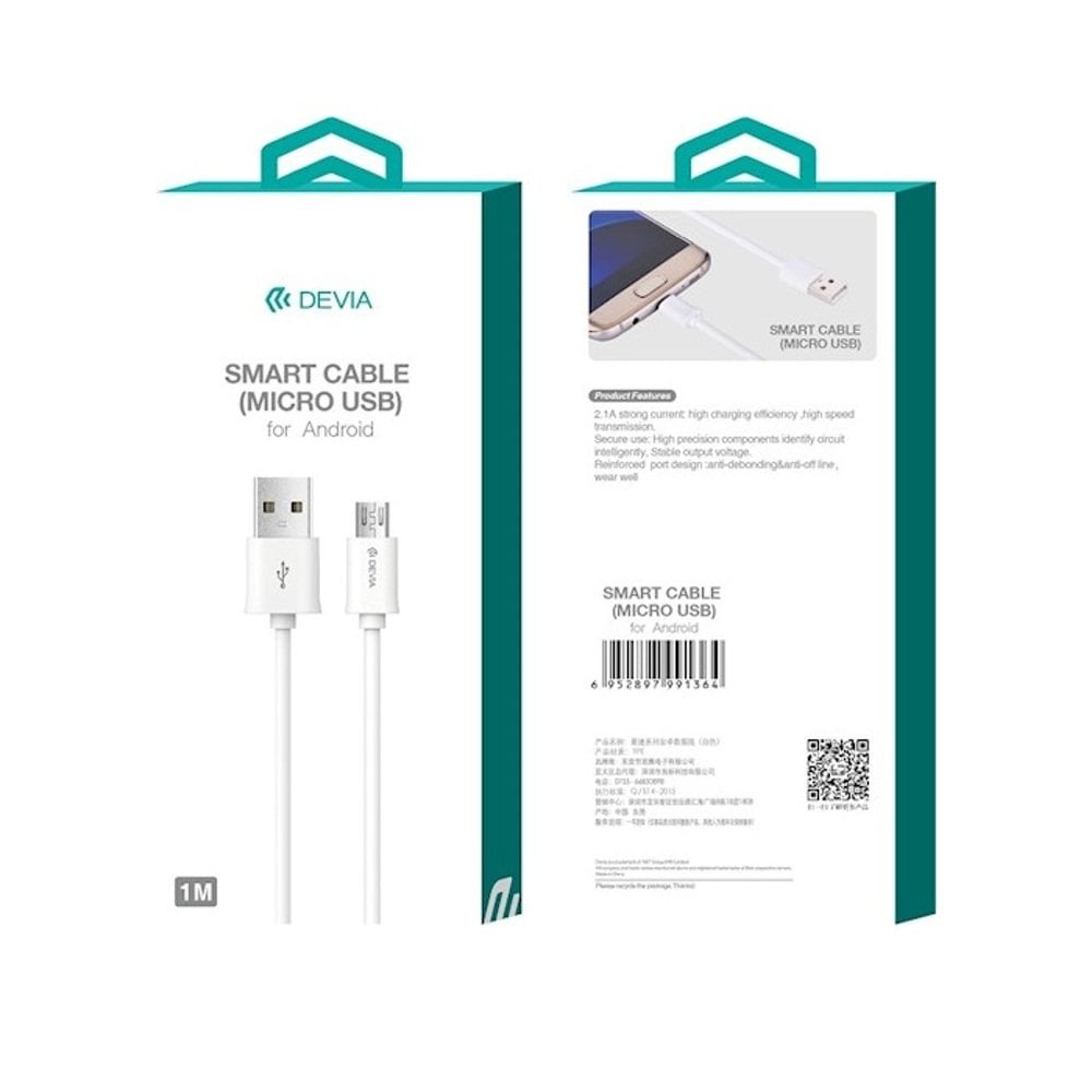 Devia καλώδιο Smart EC081 USB-A – MicroUSB 1m 2,1A λευκό - Image 2