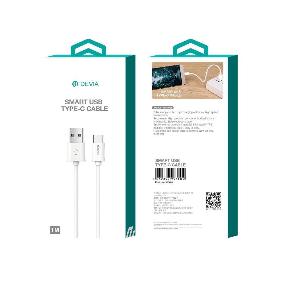 Devia καλώδιο Smart EC082 USB-A – USB-C 1m 2,1A λευκό - Image 2