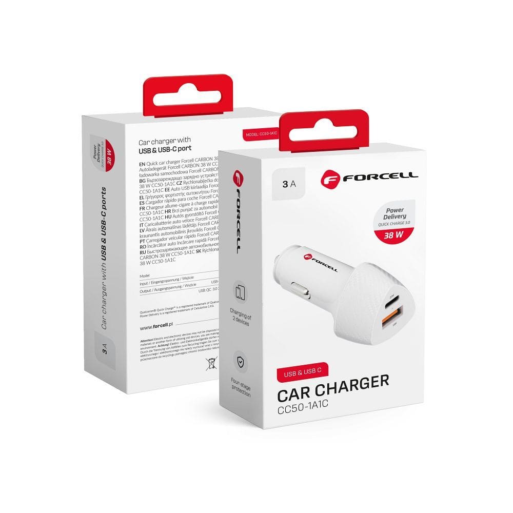 Φορτιστής Αυτοκινήτου Forcell F-Energy Carbon USB-C + USB-A QC3.0 PD 3A 38W CC50-1A1C Λευκό - Image 2