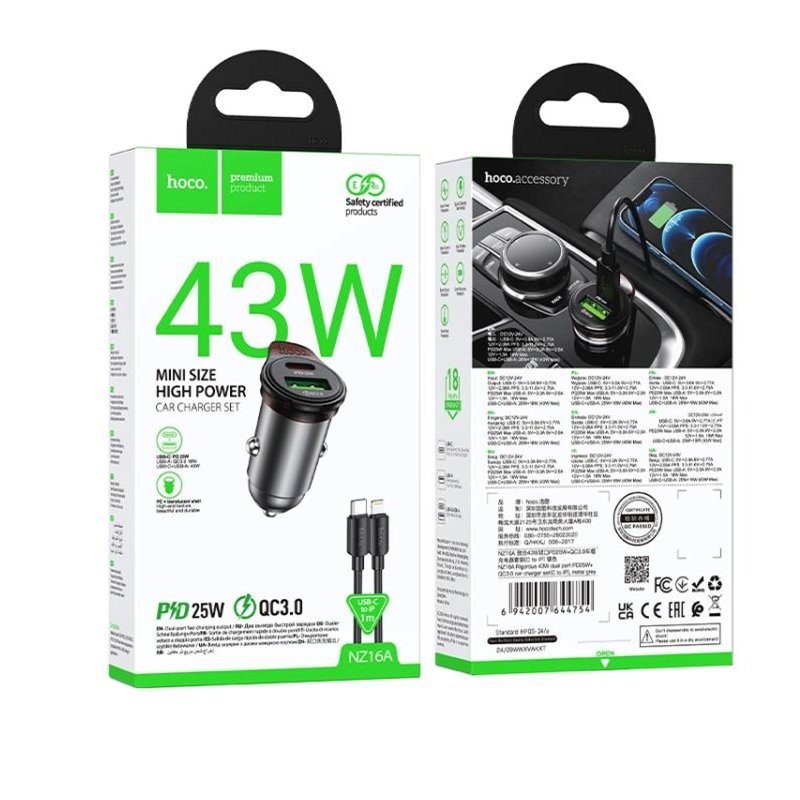 Hoco NZ16A φορτιστής αυτοκινήτου USB A + Type C με καλώδιο Type C σε Lightning PD QC3.0 43W γκρι μεταλλικό - Image 6