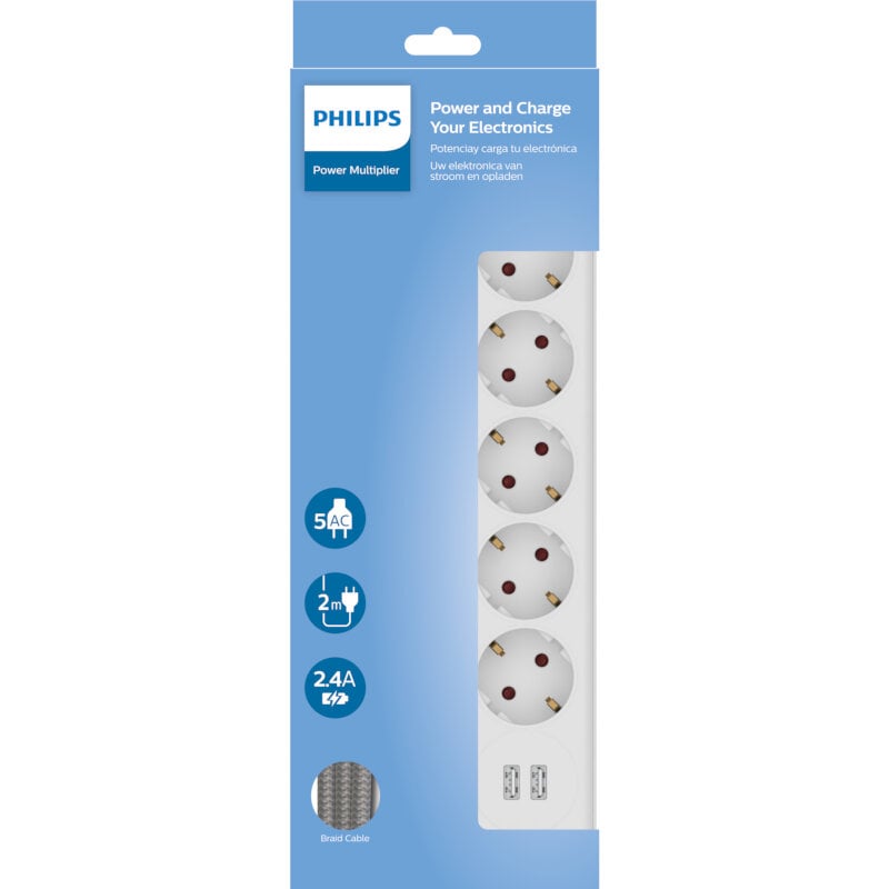 Philips SPN3052W/GRS Πολύπριζο 5 θέσεων με 2 USB Type-A 2.4 A - Image 2