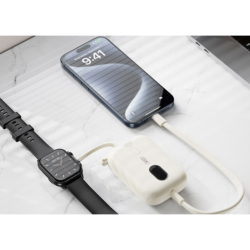 XO Power Bank 10000mAh 20W, Ασύρματος Φορτιστής Ρολογιού + Ενσωματωμένο Καλώδιο Type-C Λευκό – PR260 - Image 5