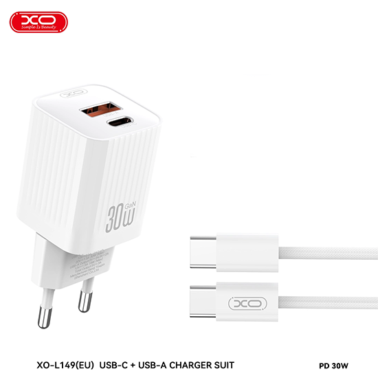 XO L149 φορτιστής τοίχου 220V 30W 1*USB-C + 1*USB-A με καλώδιο USB-C σε USB-C, λευκό