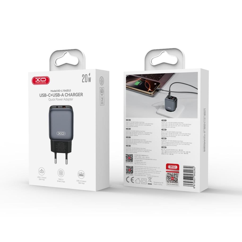 XO 220V 20W, USB-A + USB-C, με καλώδιο USB-C σε Lightning, L154 μαύρος - Image 2