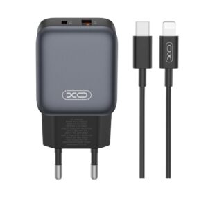 XO 220V 30W, USB-A + USB-C GaN Nitride + καλώδιο USB-C σε Lightning, L156 μαύρο