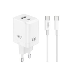 XO φορτιστής τοίχου CE36 PD 45W 1x USB-C 1x USB λευκό + καλώδιο USB-C – USB-C