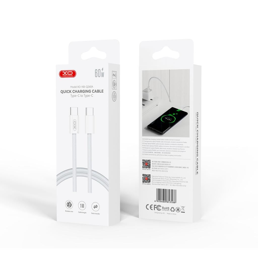 XO Cable Type-C – Type-C, 1m, 60W, Braided, NB-Q260A PD white - Image 2