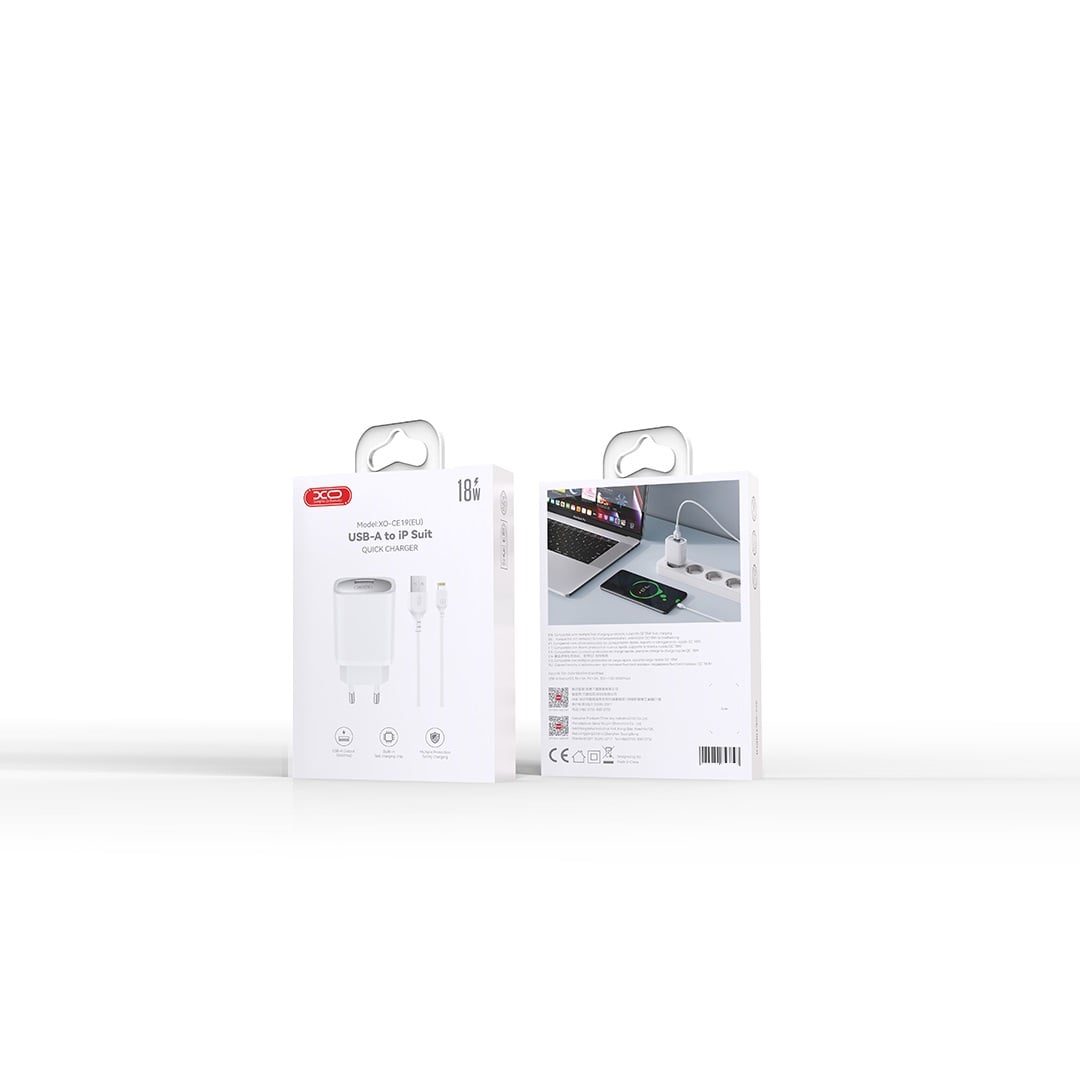 XO φορτιστής τοίχου CE19 QC 18W 1x USB λευκός με καλώδιο USB-A σε Lightning - Image 2