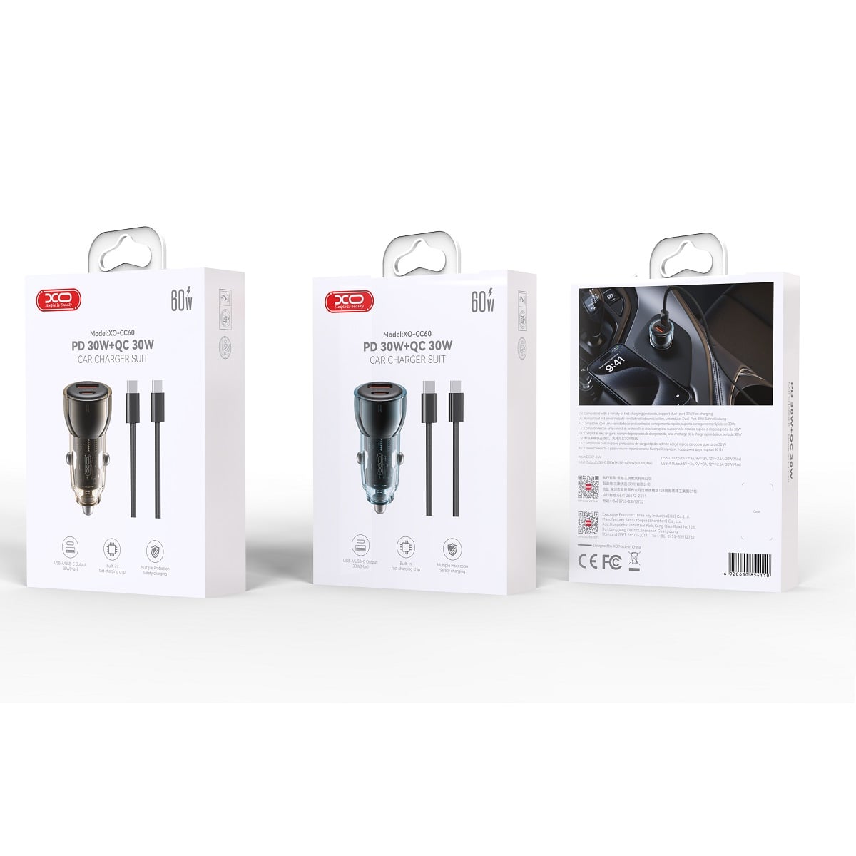 XO 12V 60W φορτιστής αυτοκινήτου, USB-A + USB-C, καλώδιο USB-C σε USB-C μαύρο + μπλε – CC60 - Image 2