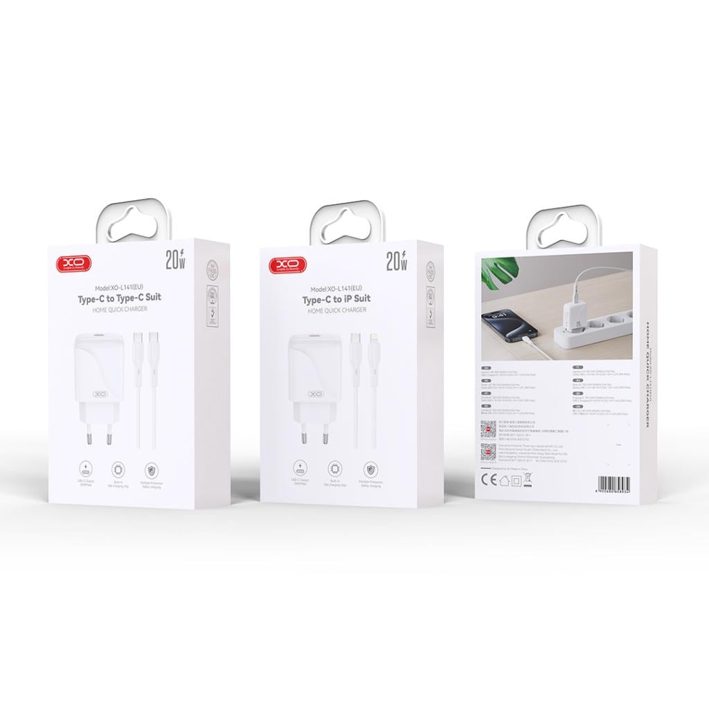 XO 220V 20W, USB-C output + καλώδιο USB-C σε USB-C, λευκό – L141 - Image 2