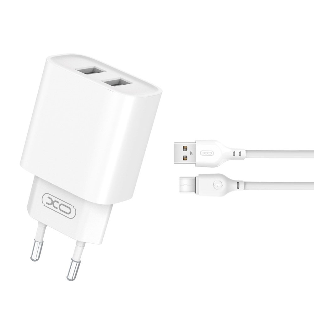 XO CE02C φορτιστής τοίχου 2xUSB-A, 2,1A λευκός + καλώδιο USB-A σε USB-C