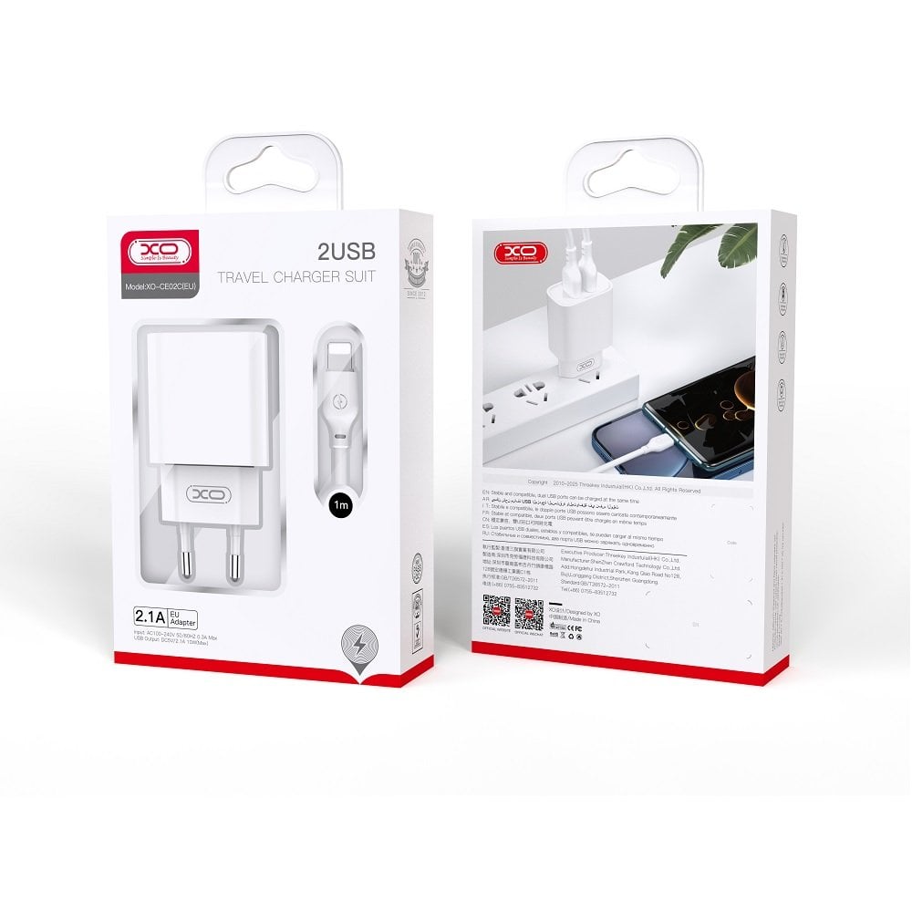 XO CE02C φορτιστής τοίχου 2xUSB-A, 2,1A λευκός + καλώδιο USB-A σε USB-C - Image 2