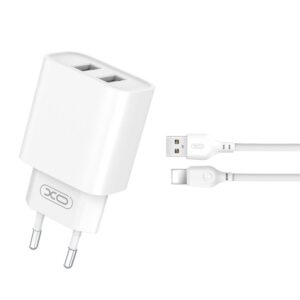 XO CE02C φορτιστής τοίχου 2xUSB-A, 2,1A λευκός + καλώδιο Lightning