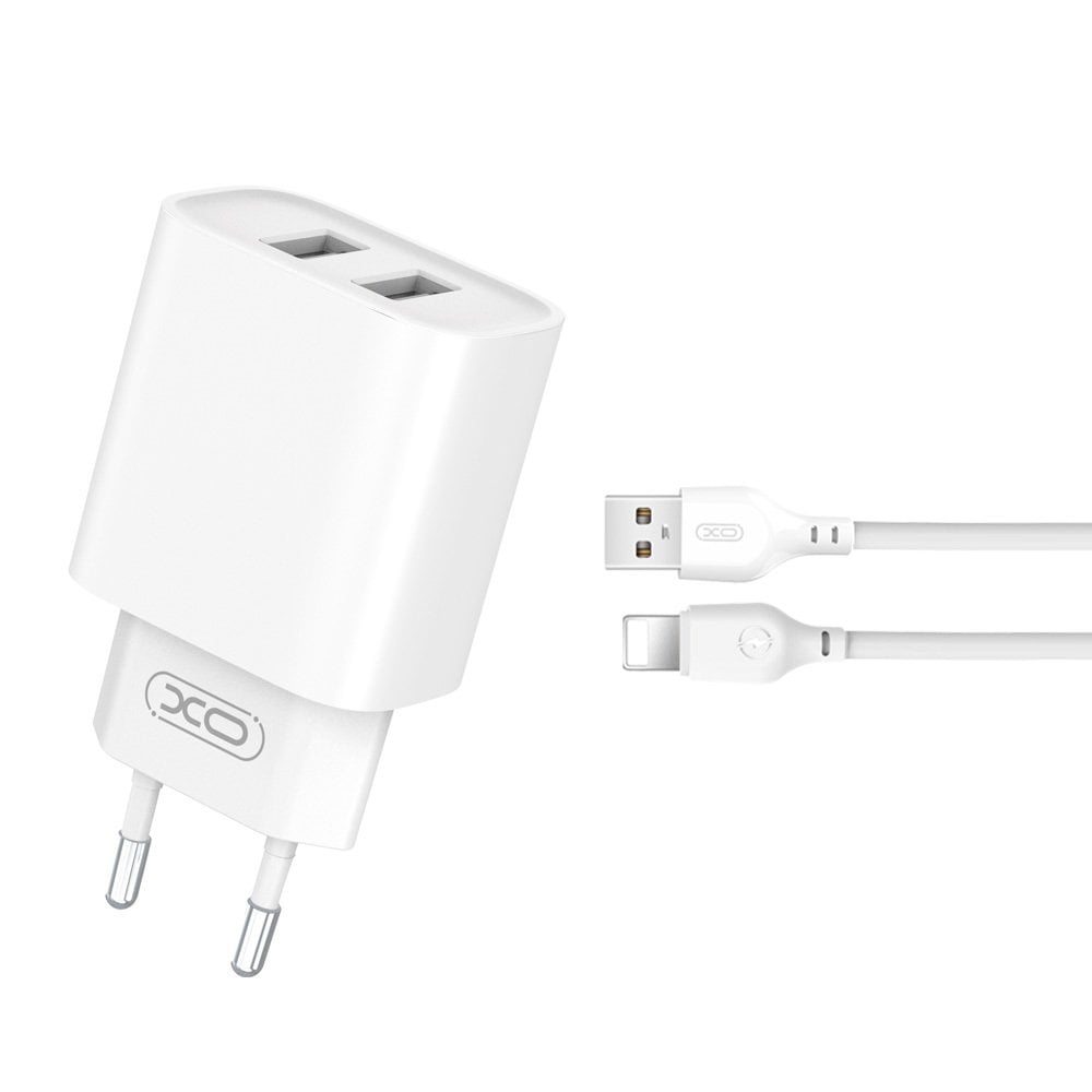 XO CE02C φορτιστής τοίχου 2xUSB-A, 2,1A λευκός + καλώδιο Lightning