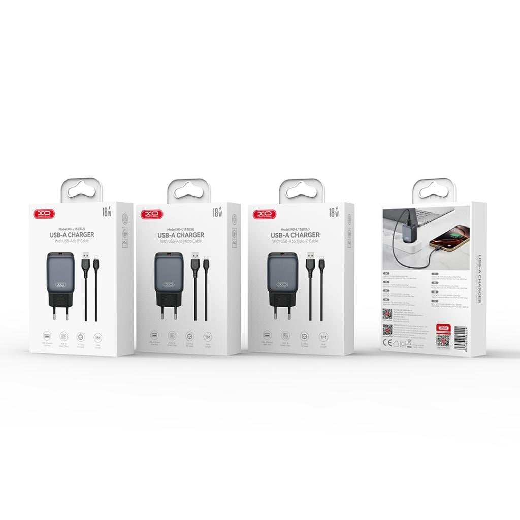 XO 220V 18W, 1*USB-A, with cable USB-A to USB-C (black) – L152 - Image 2