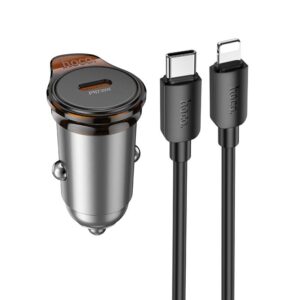 Φορτιστής Αυτοκινήτου Hoco USB-C QC PD 30W + Καλώδιο USB-C σε Lightning NZ16 Γκρι Μεταλλικό