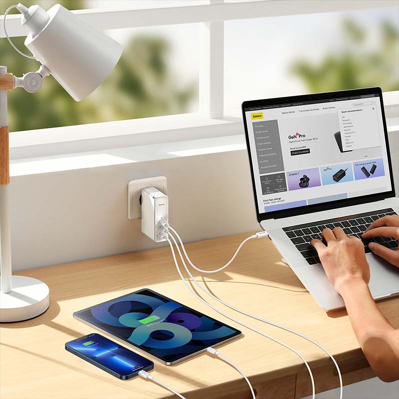 Baseus wall charger GaN5 Pro PD 140W 2x USB-C 1x USB white + USB-C – USB-C 240W cable - Image 7