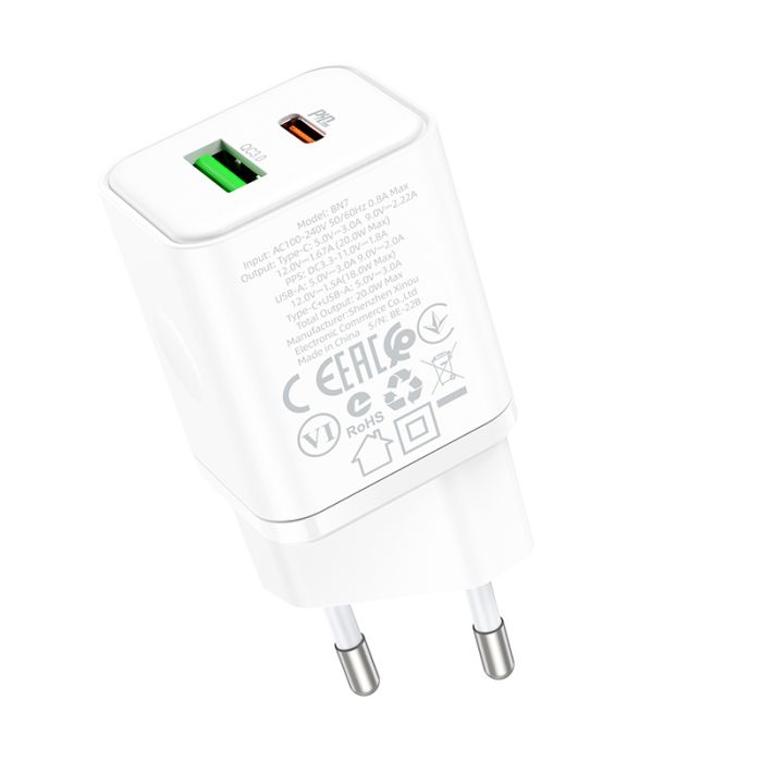 Borofone Wall charger BN7 – USB + Type C – QC 3.0 PD 20W with Type C to Lightning cable white - Image 5