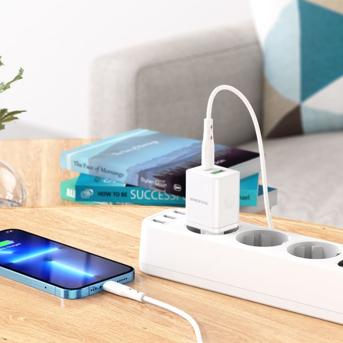 Borofone Wall charger BN7 – USB + Type C – QC 3.0 PD 20W with Type C to Lightning cable white - Image 7