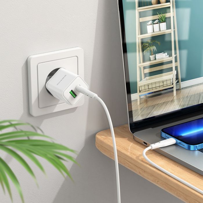 Borofone Wall charger BN7 – USB + Type C – QC 3.0 PD 20W with Type C to Lightning cable white - Image 8