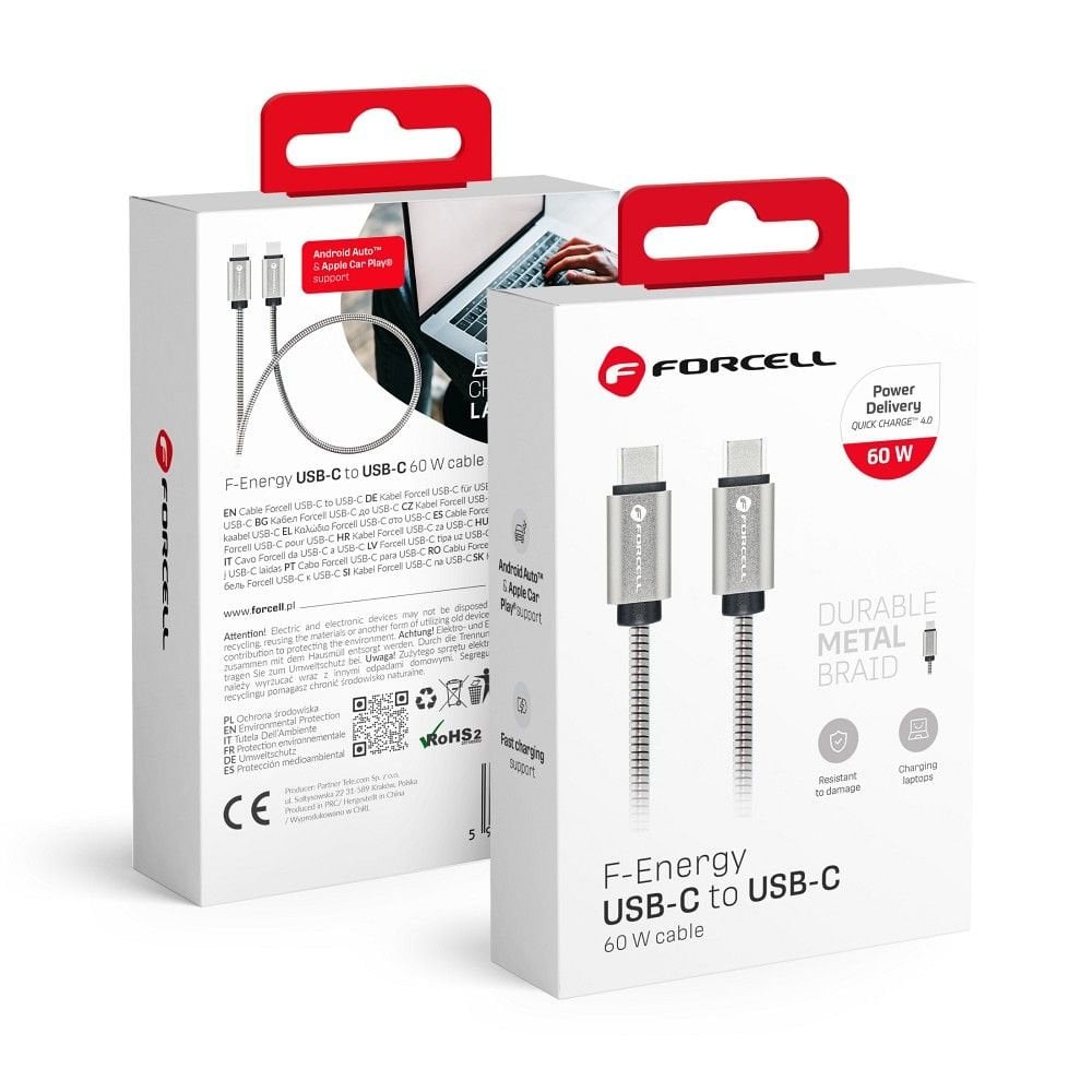 FORCELL C237 F-ENERGY Metal καλώδιο Type C σε Type C PD QC4.0 3A 60W 1m ασημί - Image 2