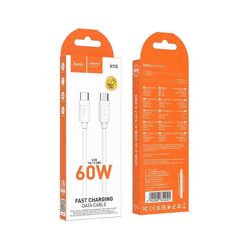 Καλώδιο USB-C σε USB-C Hoco PD 5A 240W 1m X115 λευκό - Image 2