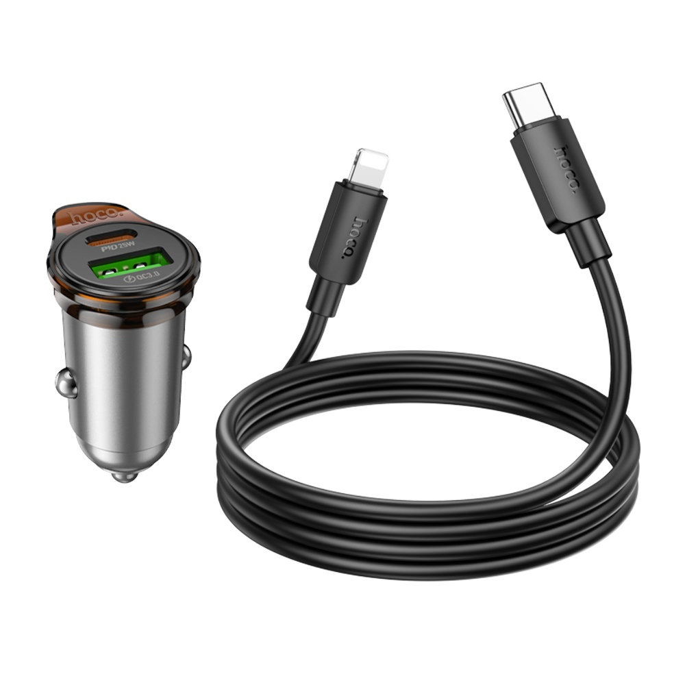 Hoco NZ16A φορτιστής αυτοκινήτου USB A + Type C με καλώδιο Type C σε Lightning PD QC3.0 43W γκρι μεταλλικό