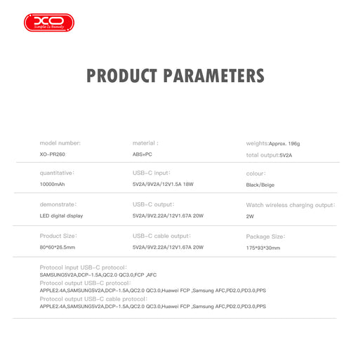 XO PR260 Power Bank 10000mAh 20W με ασύρματη φόρτιση ρολογιού & ενσωματωμένο καλώδιο Type-C μαύρο - Image 5
