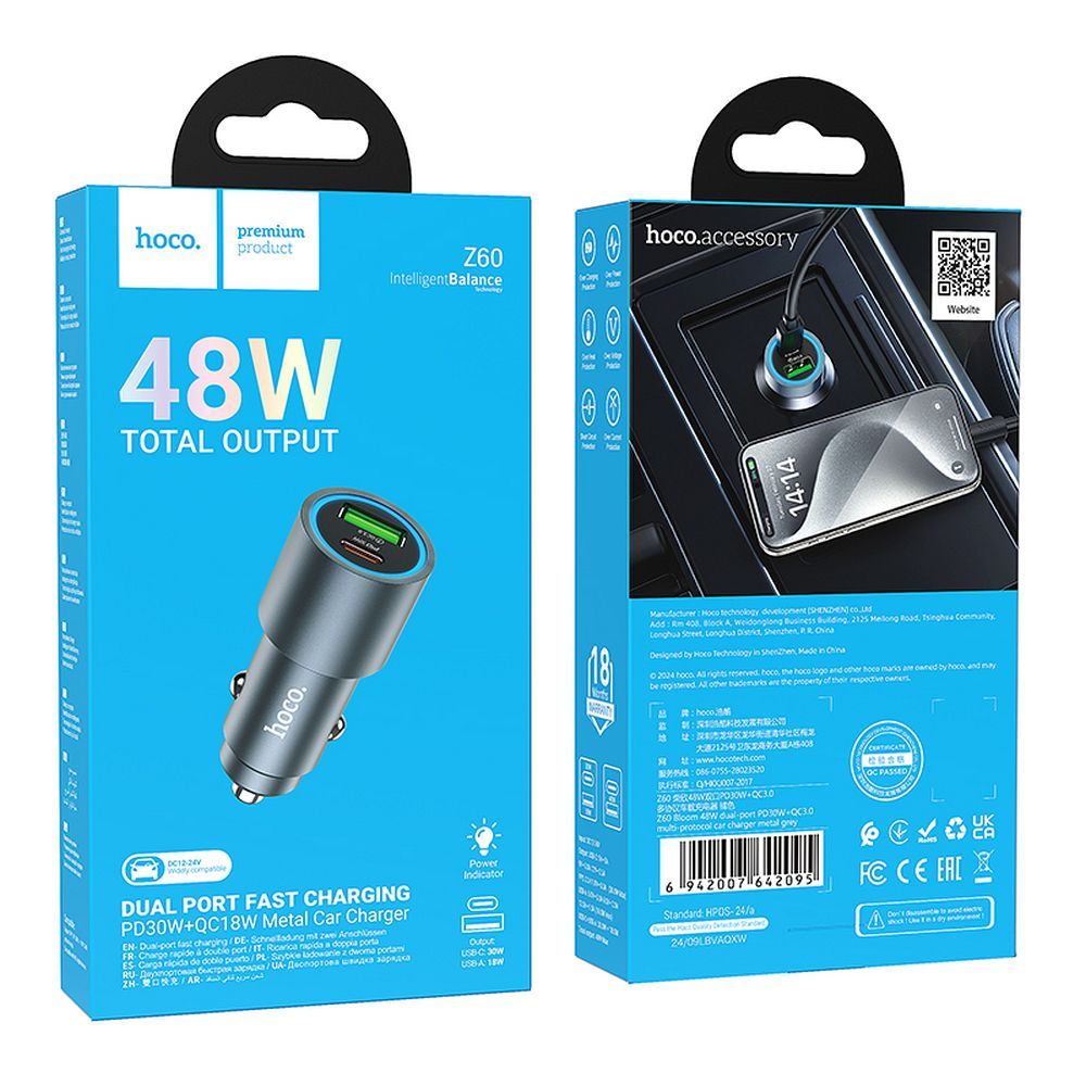 Φορτιστής αυτοκινήτου Hoco USB-A + USB-C PD QC3.0 48W Z60 μαύρος - Image 2