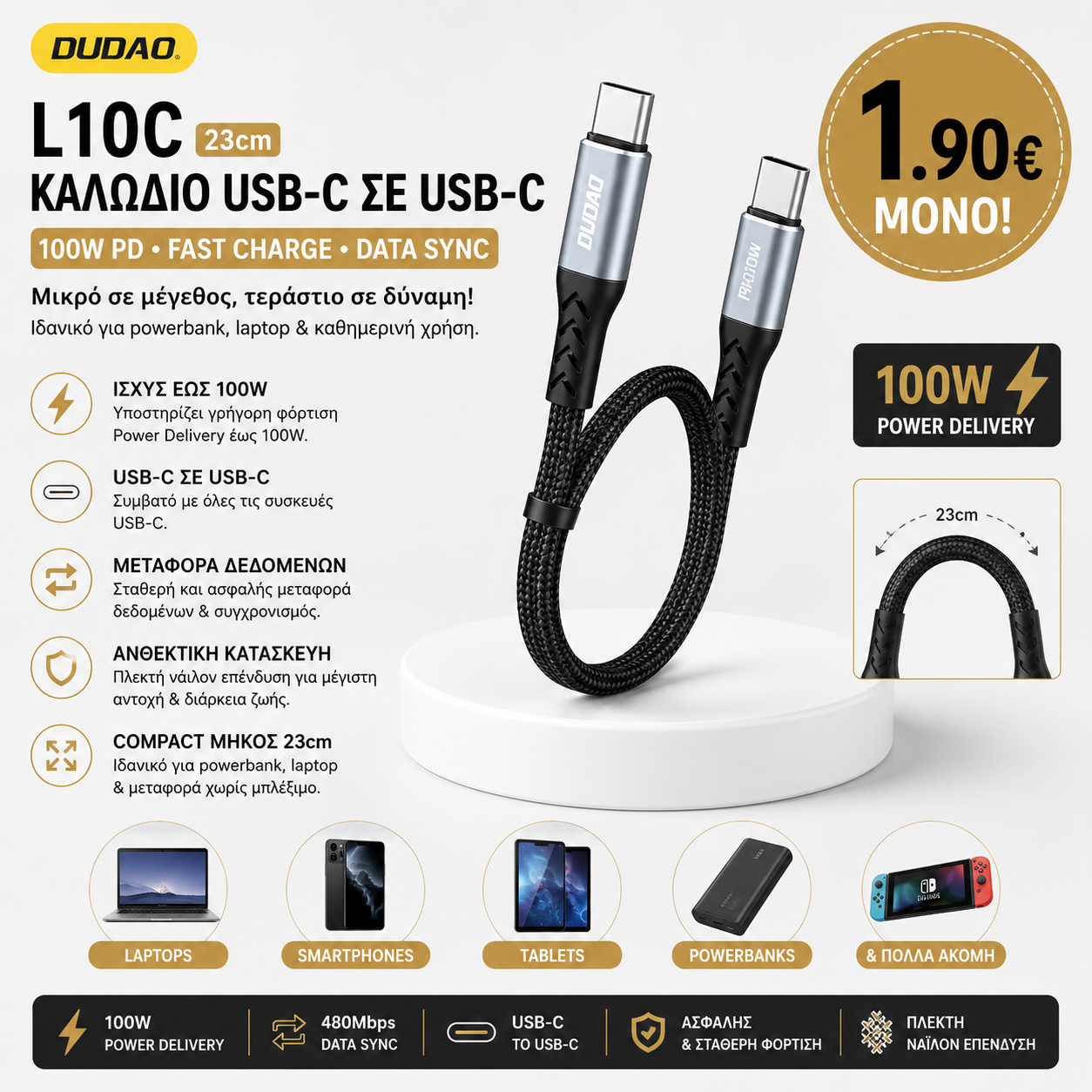 Dudao L10C Braided / Flat USB 2.0 Cable USB-C male - USB-C 100W PD Μαύρο 0.23m