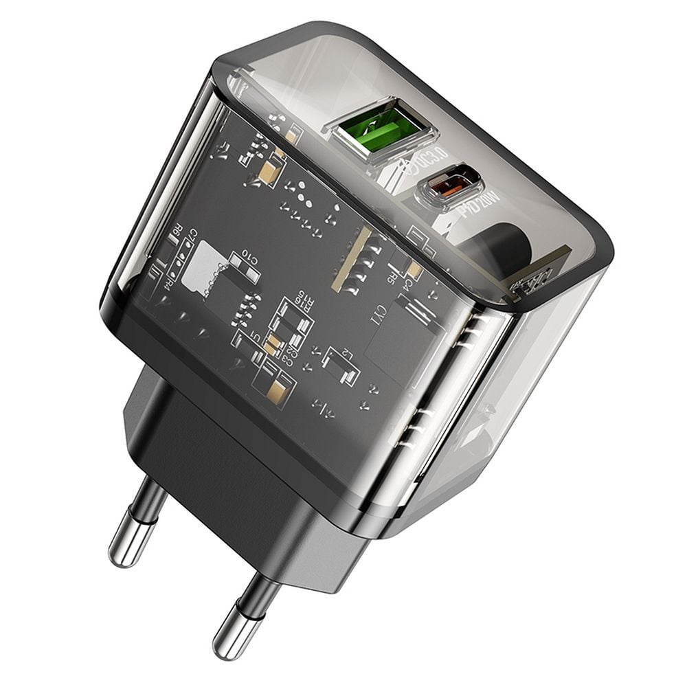 HOCO N34 φορτιστής τοίχου USB-A + Type-C PD QC3.0 3A 20W διαφανής