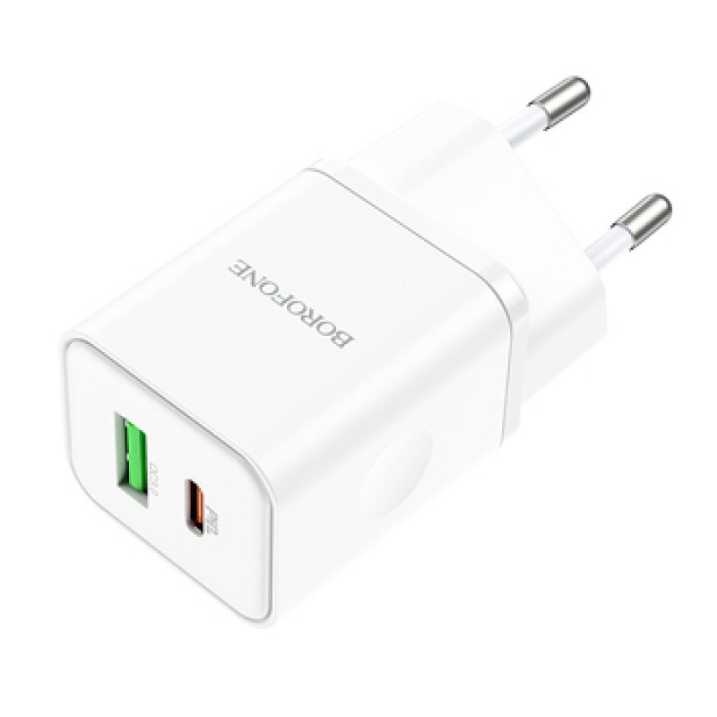 Borofone Wall charger BN7 – USB + Type C – QC 3.0 PD 20W with Type C to Lightning cable white - Image 6