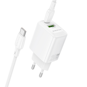 Borofone Wall charger BN27 Fuente – 1*USB-A + 1*USB-C – QC 3.0 PD 20W with Type C to Type C cable white