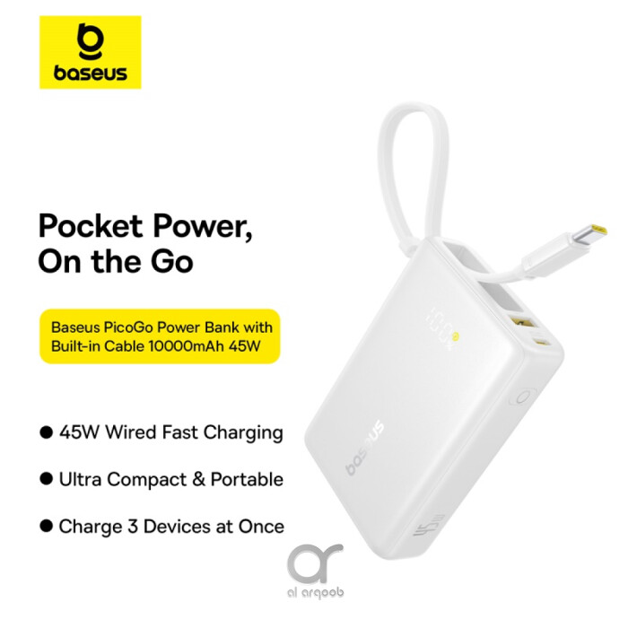 BASEUS Power Bank 10000mAh, 45W με ενσωματωμένο καλώδιο USB-C, PicoGo λευκό – P10076803213-00 - Image 6