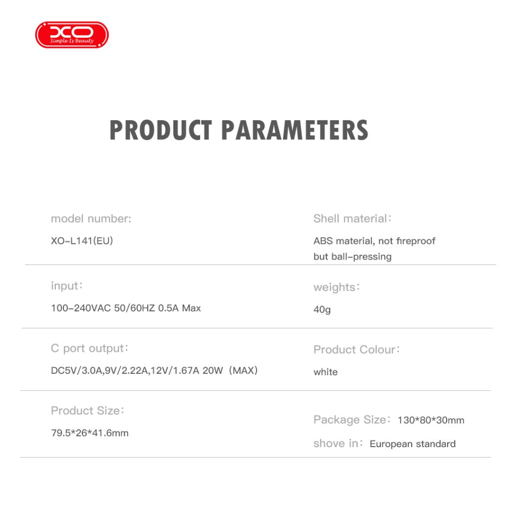 XO 220V 20W, USB-C output + καλώδιο USB-C σε USB-C, λευκό – L141 - Image 8
