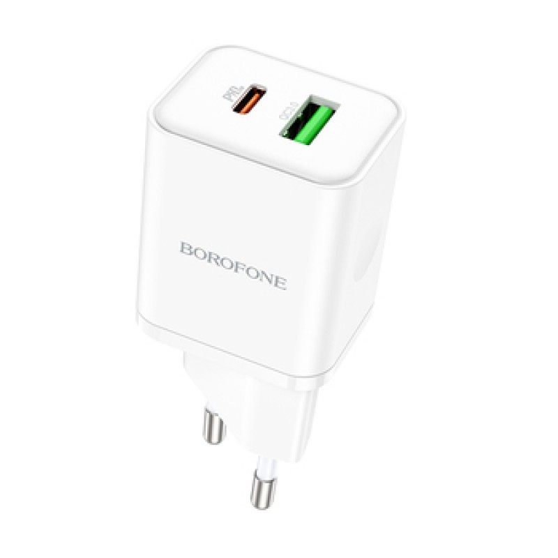 Borofone Wall charger BN7 – USB + Type C – QC 3.0 PD 20W with Type C to Lightning cable white - Image 4