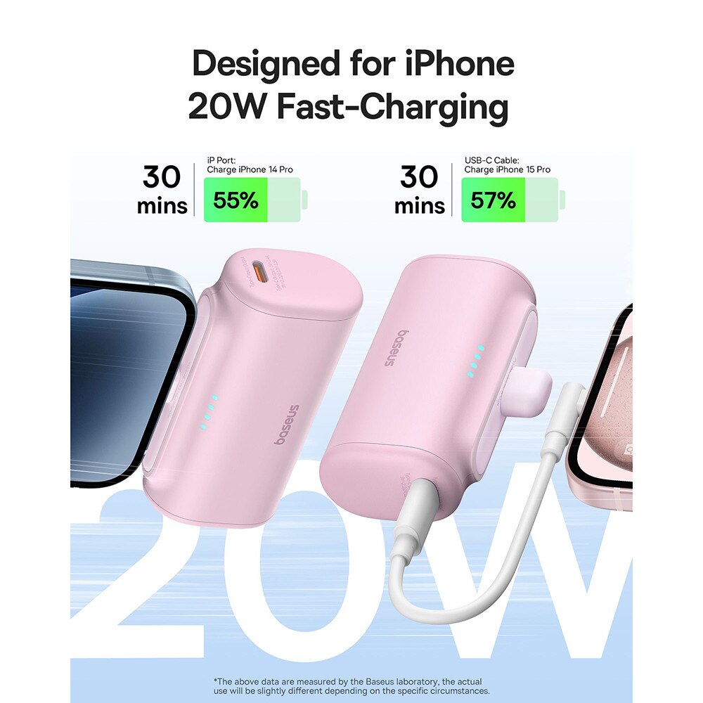 BASEUS Power Bank 5000mAh 20W Lightning + USB-C ροζ – P10068307413-00 - Image 7
